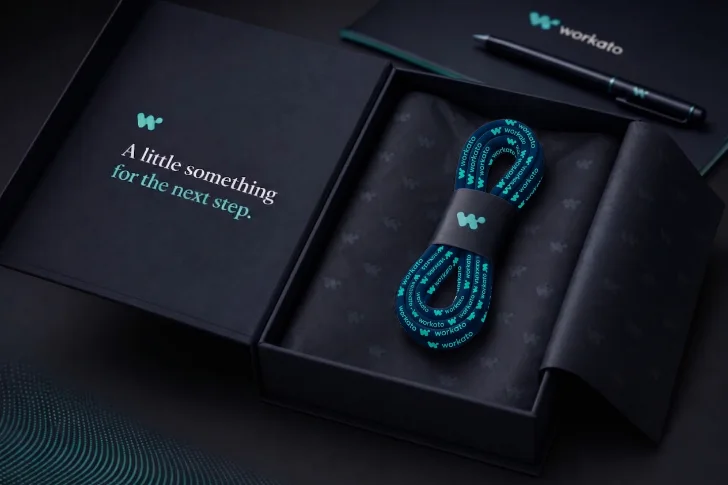 Flat-lay: teal Workato shoelaces on white